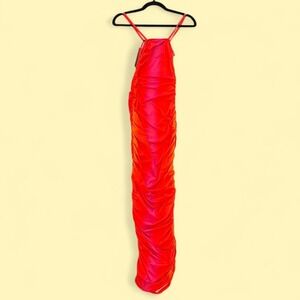 PrettyLittleThing Red Pink Orange Ombre Ruched Maxi Dress Size 0 UK 4 NWT